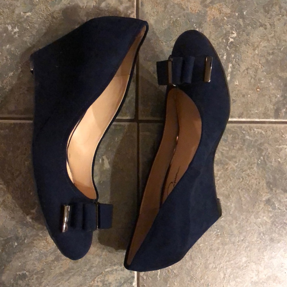 Navy suede wedges